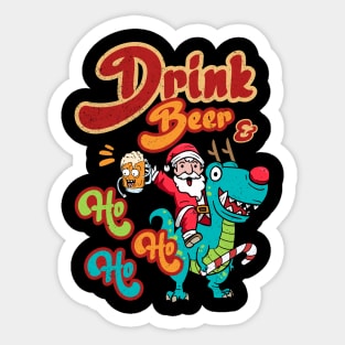 Drinking Beer And Ho Ho Ho Santa Riding Dinosaur Christmas Sticker